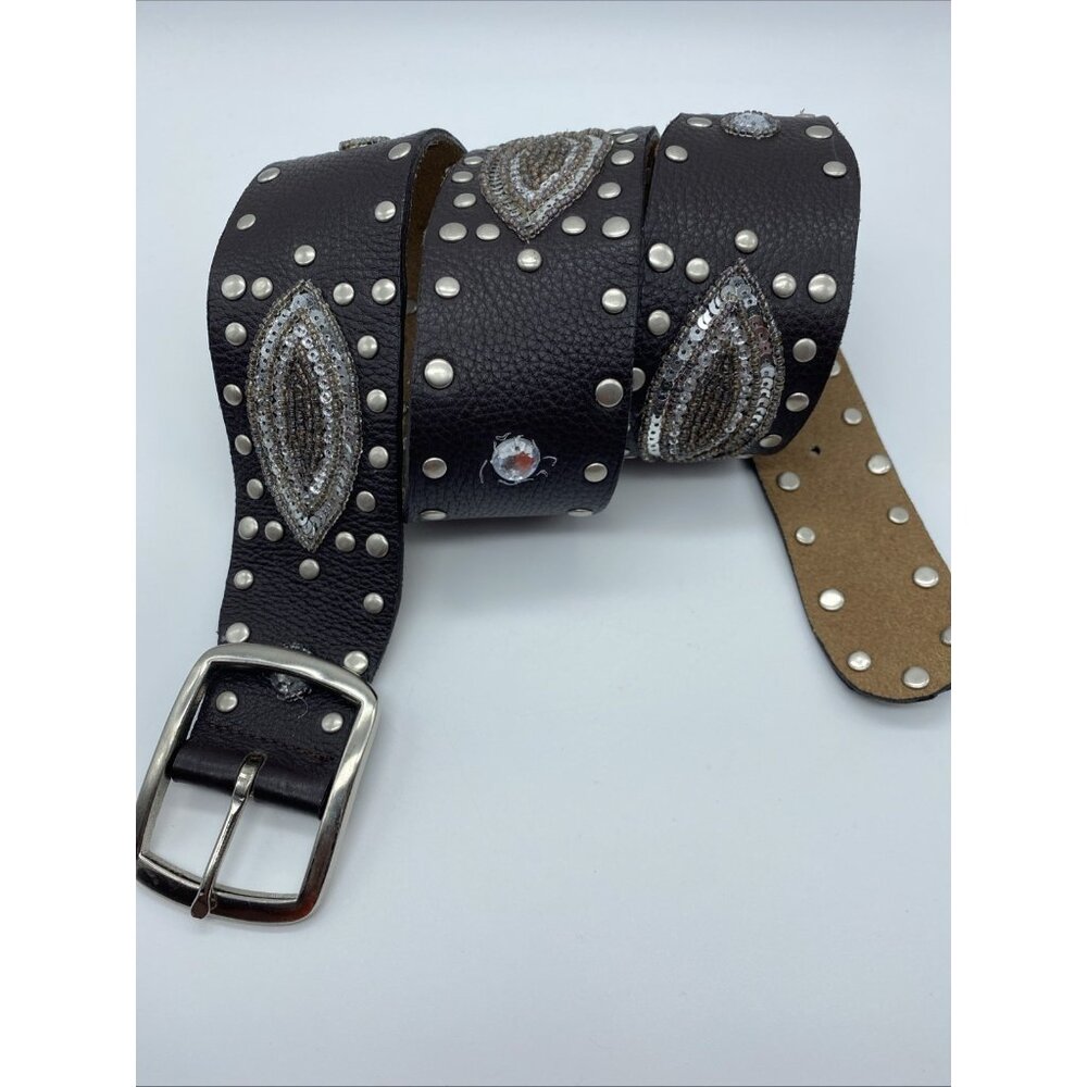 Brown Genuine Leather Belt F 20105 Women's Size M Stones, and Rivets - Picture 2 of 13